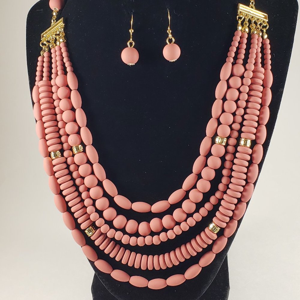 Matte Coral Multi-Strand Necklace & Earrings Set – Gold Beaded Layered Statement - Picture 11 of 13